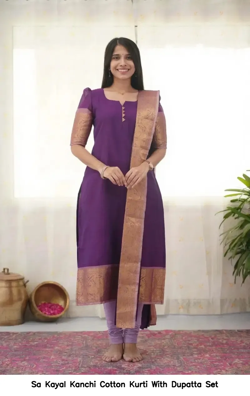 Sa Kayal Kanchi Cotton Kurti With Dupatta Set — Wholesale Kurti With Bottom Dupatta, Vardan Ethnic wholesale from Surat - Gallery Image 2