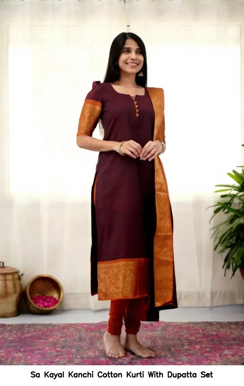Sa Kayal Kanchi Cotton Kurti With Dupatta Set — Wholesale Kurti With Bottom Dupatta, Vardan Ethnic wholesale from Surat — view 4