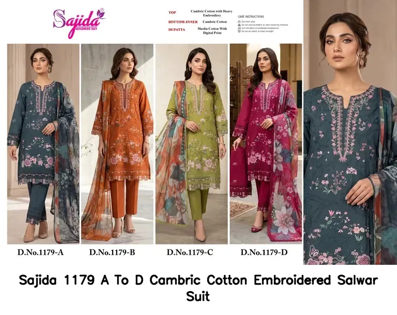 Sajida 1179 A To D Cambric Cotton Embroidered Salwar Suit — Wholesale Pakistani Suits, Sajida wholesale from Surat — view 2
