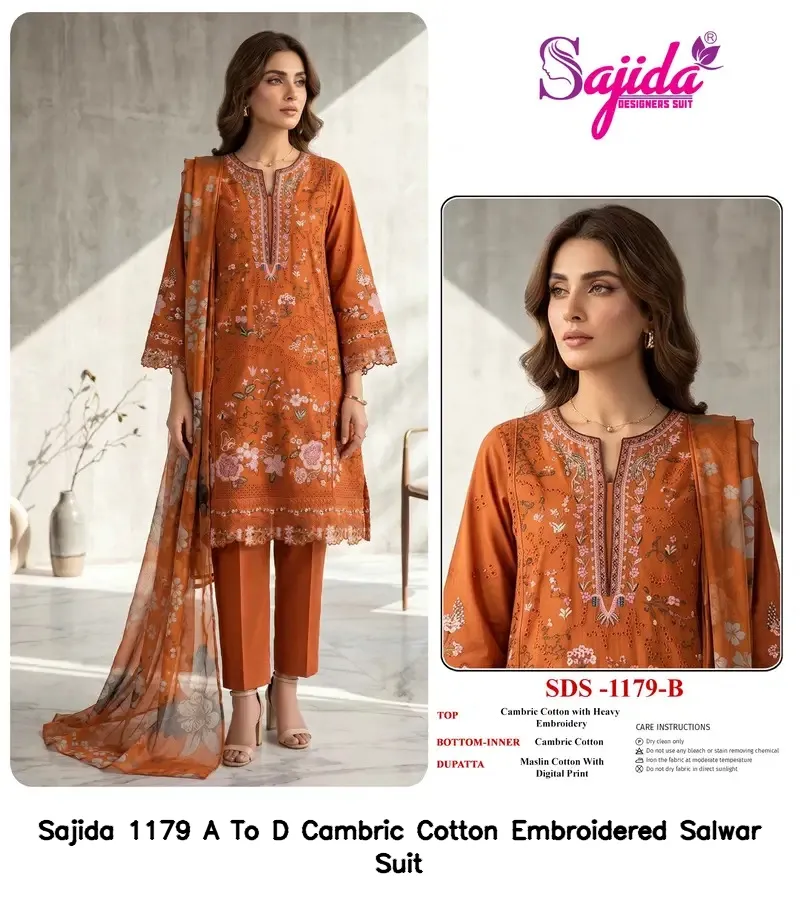 Sajida 1179 A To D Cambric Cotton Embroidered Salwar Suit — Wholesale Pakistani Suits, Sajida wholesale from Surat — view 3