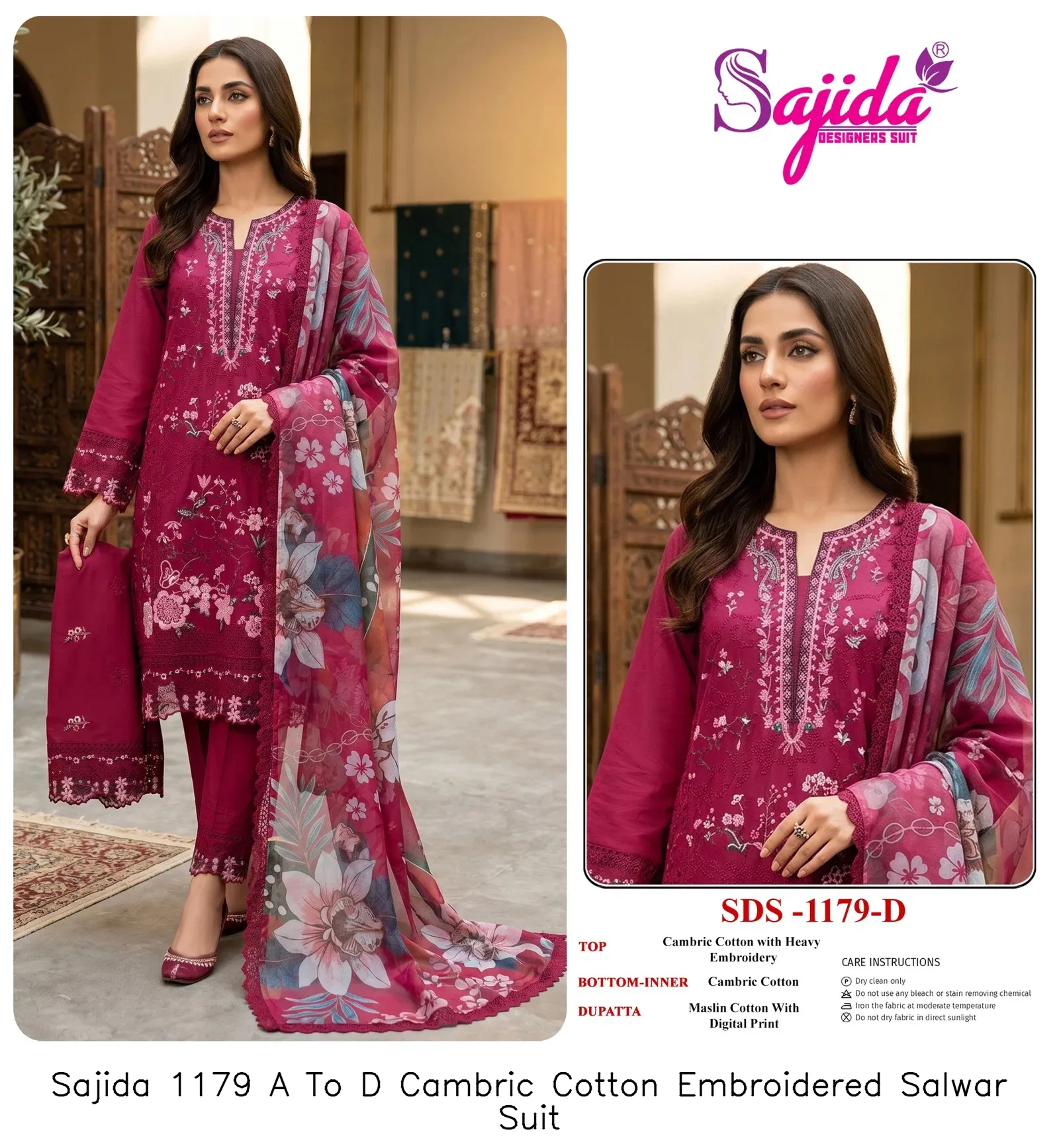 Sajida 1179 A To D Cambric Cotton Embroidered Salwar Suit — Wholesale Pakistani Suits, Sajida wholesale from Surat — view 4