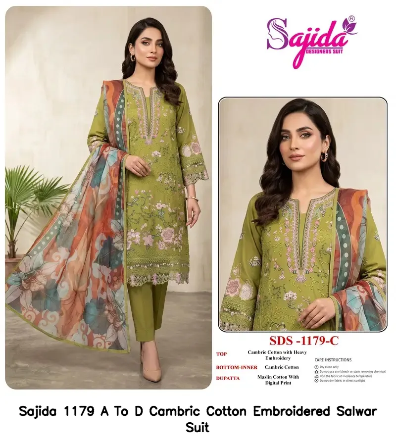 Sajida 1179 A To D Cambric Cotton Embroidered Salwar Suit — Wholesale Pakistani Suits, Sajida wholesale from Surat — view 5