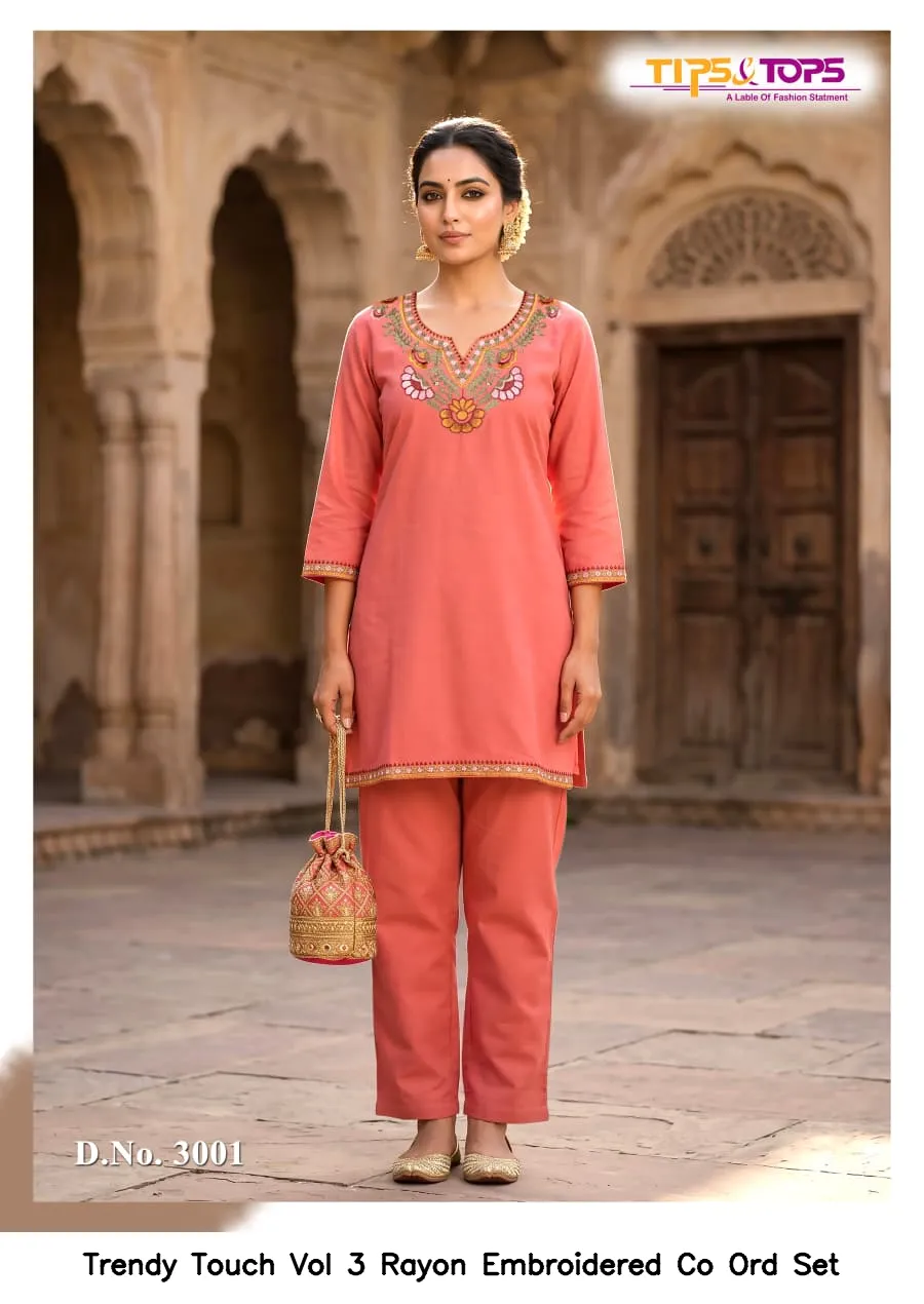 Trendy Touch Vol 3 Rayon Embroidered Co Ord Set — Wholesale Cotton Kurti Pant Set, MPA wholesale from Surat — view 2