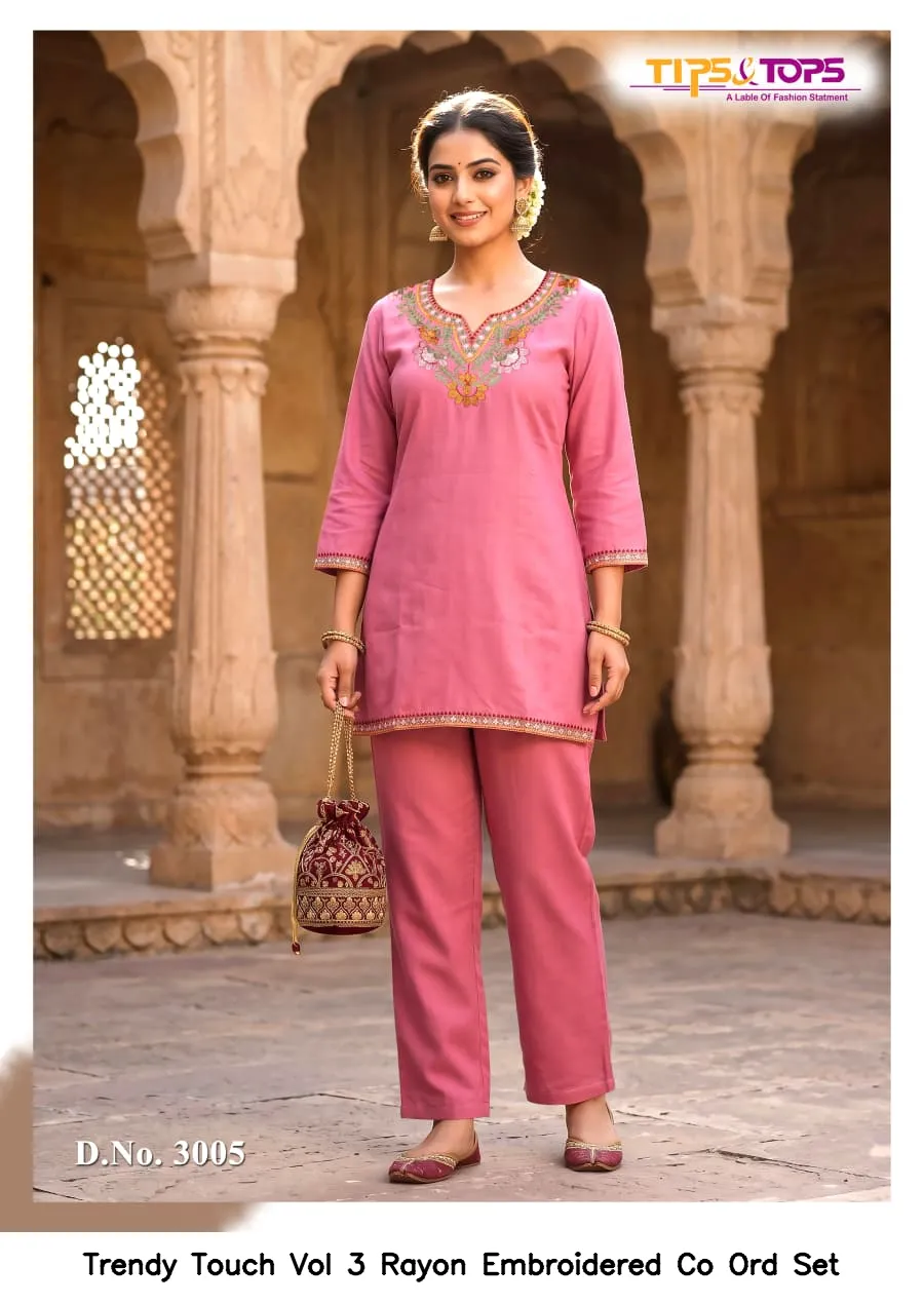 Trendy Touch Vol 3 Rayon Embroidered Co Ord Set — Wholesale Cotton Kurti Pant Set, MPA wholesale from Surat — view 3