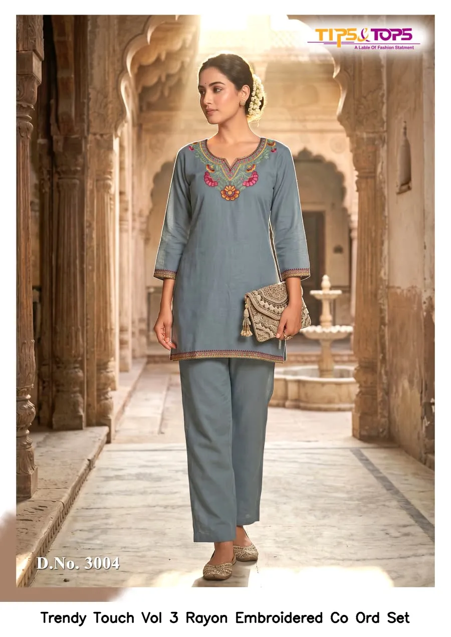 Trendy Touch Vol 3 Rayon Embroidered Co Ord Set — Wholesale Cotton Kurti Pant Set, MPA wholesale from Surat — view 4