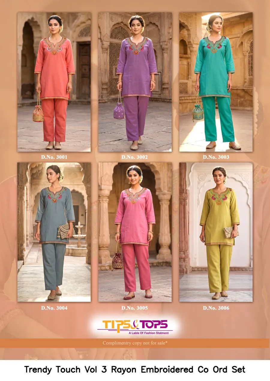 Trendy Touch Vol 3 Rayon Embroidered Co Ord Set — Wholesale Cotton Kurti Pant Set, MPA wholesale from Surat — view 5