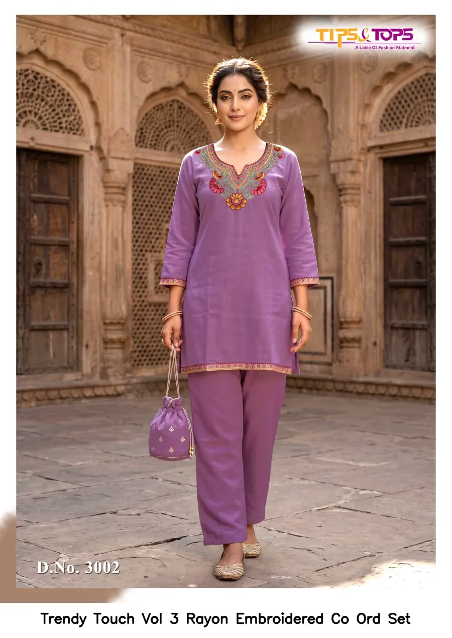 Trendy Touch Vol 3 Rayon Embroidered Co Ord Set — Wholesale Cotton Kurti Pant Set, MPA wholesale from Surat — view 6