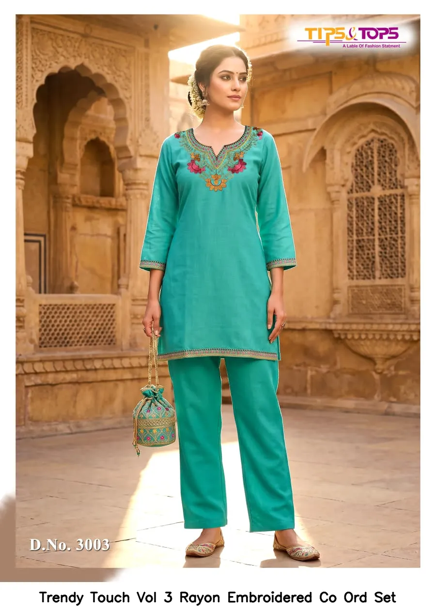 Trendy Touch Vol 3 Rayon Embroidered Co Ord Set — Wholesale Cotton Kurti Pant Set, MPA wholesale from Surat — view 7