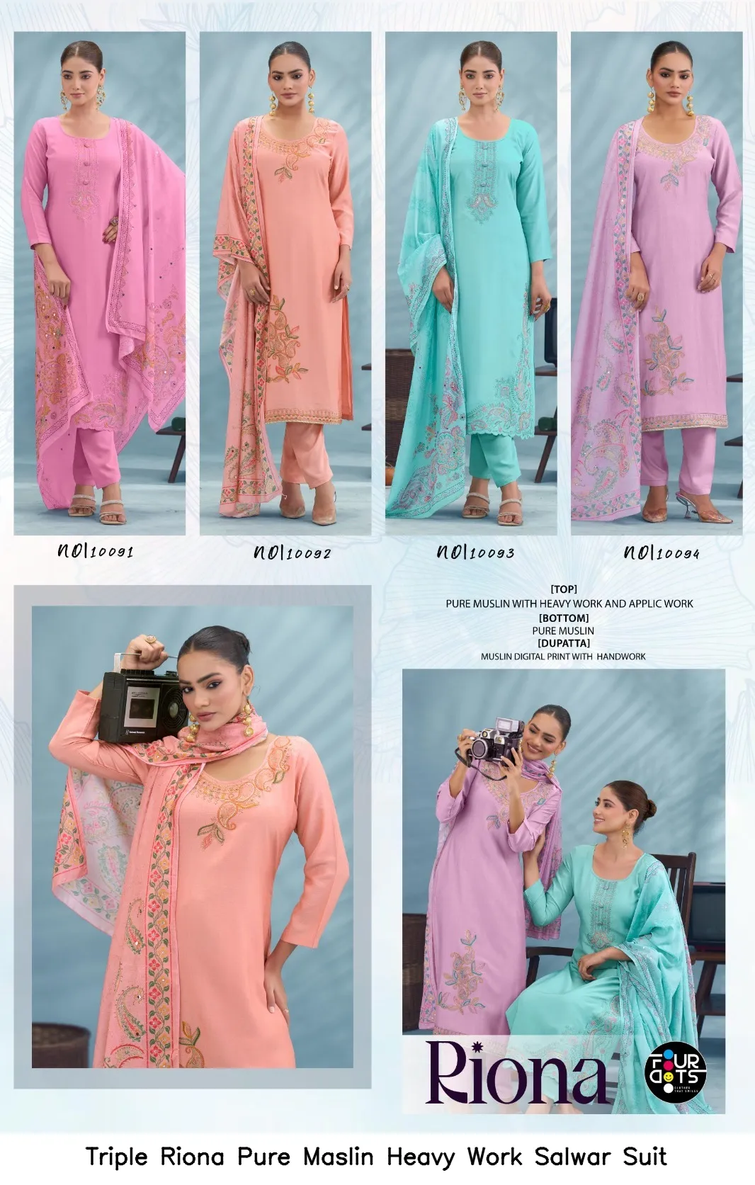 Triple Riona Pure Maslin Heavy Work Salwar Suit — Wholesale Salwar Suits, Triple A wholesale from Surat — Photo 4