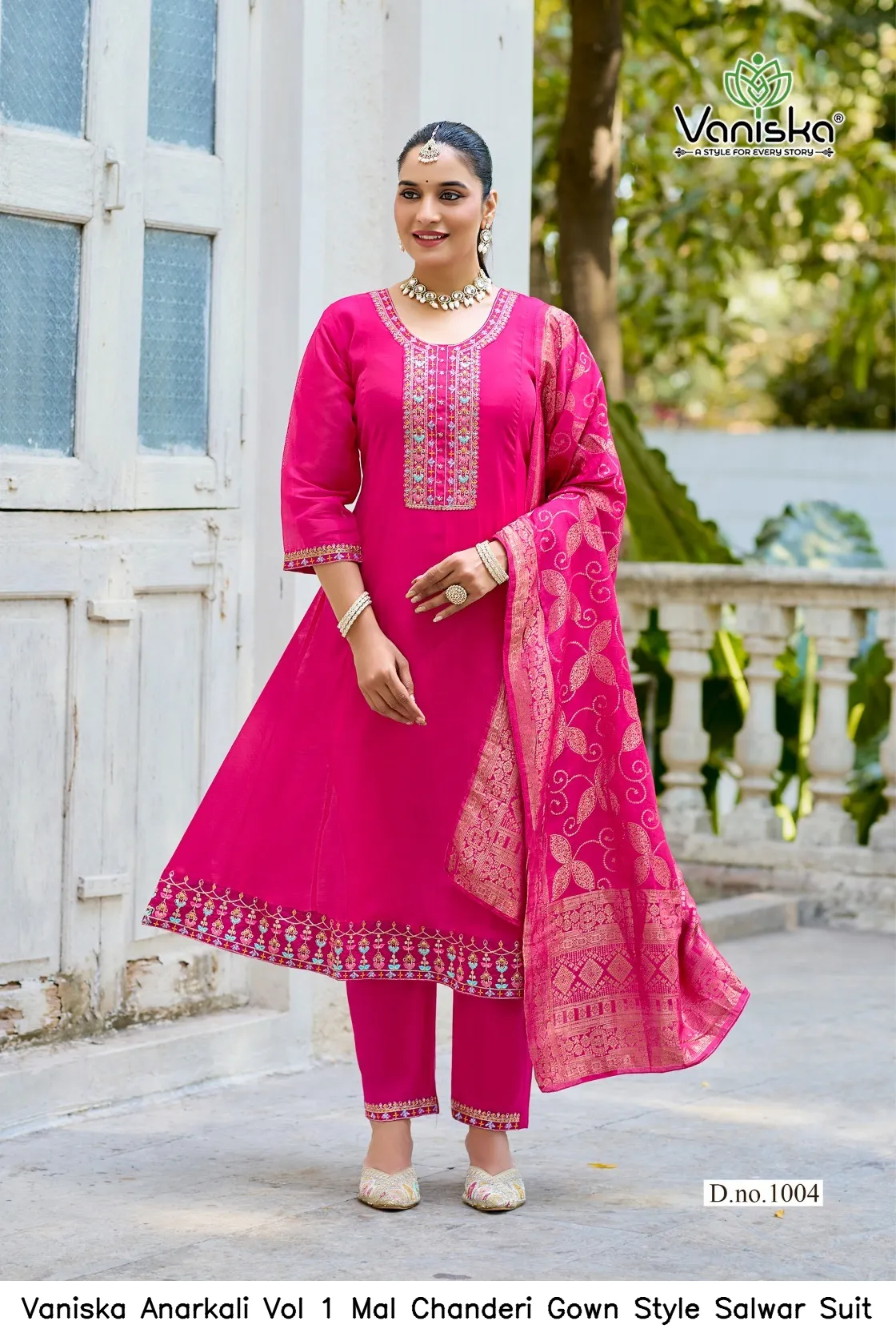 Vaniska Anarkali Vol 1 Mal Chanderi Gown Style Salwar Suit — Wholesale Kurti With Bottom Dupatta, Vaniska wholesale from Surat - Gallery Image 3