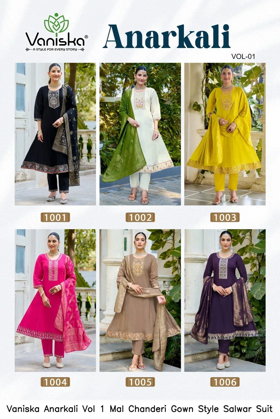 Vaniska Anarkali Vol 1 Mal Chanderi Gown Style Salwar Suit — Wholesale Kurti With Bottom Dupatta, Vaniska wholesale from Surat - Gallery Image 4