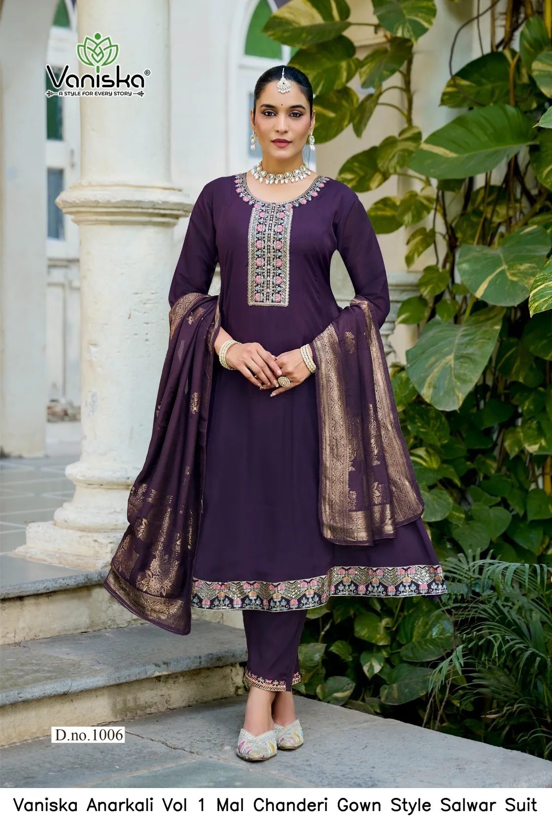 Vaniska Anarkali Vol 1 Mal Chanderi Gown Style Salwar Suit — Wholesale Kurti With Bottom Dupatta, Vaniska wholesale from Surat - Gallery Image 5