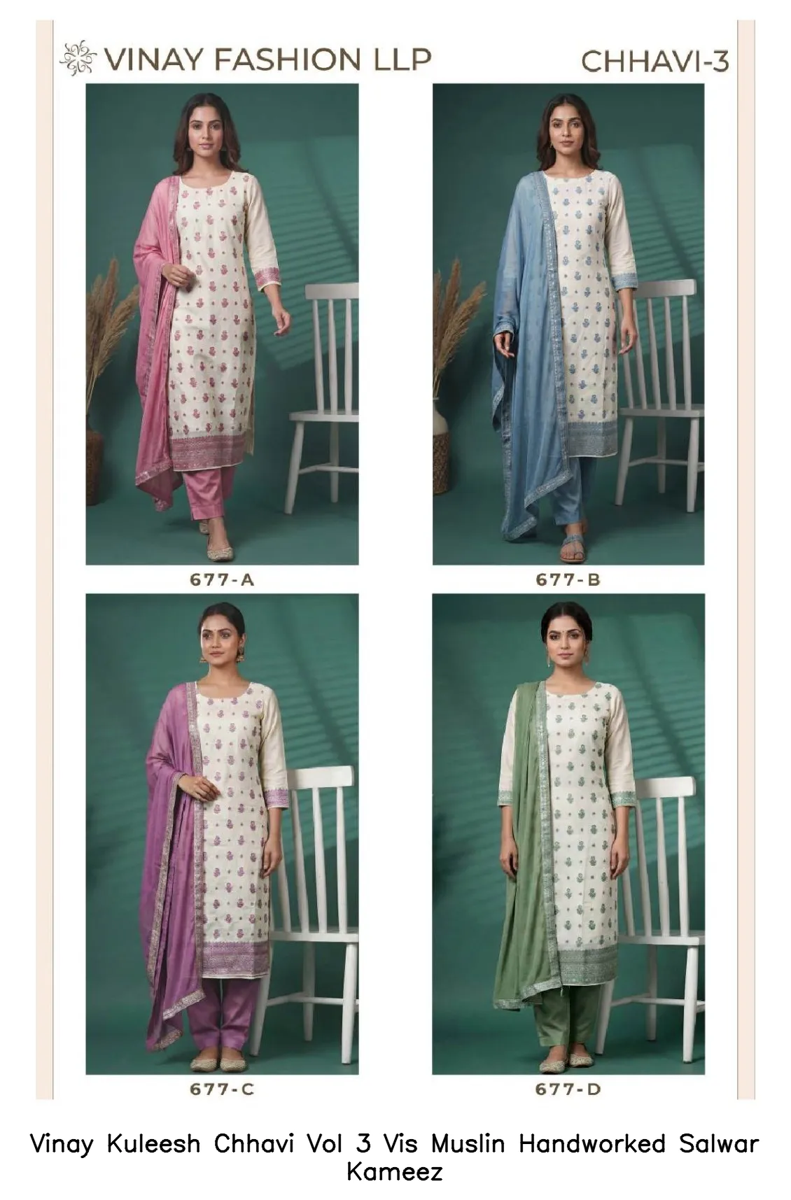 Vinay Kuleesh Chhavi Vol 3 Vis Muslin Handworked Salwar Kameez — Wholesale Dress Material, Vinay wholesale from Surat — view 2