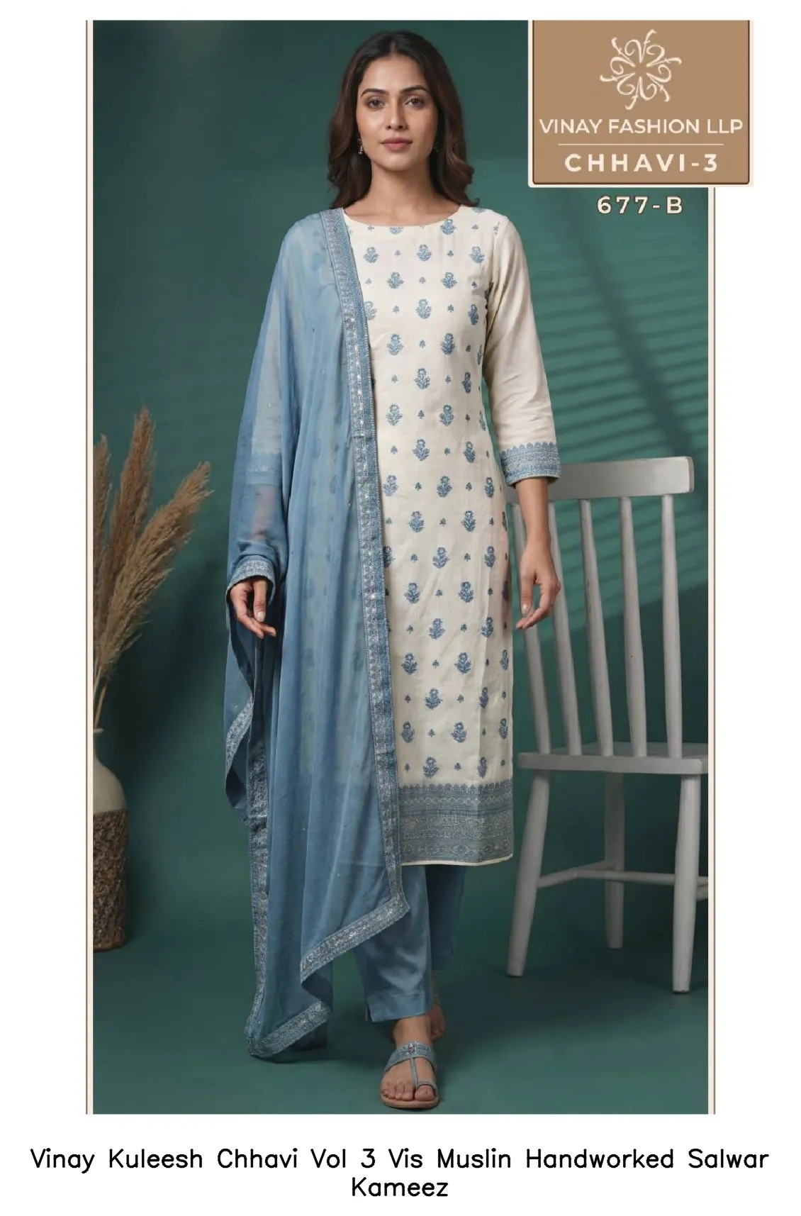 Vinay Kuleesh Chhavi Vol 3 Vis Muslin Handworked Salwar Kameez — Wholesale Dress Material, Vinay wholesale from Surat — view 6