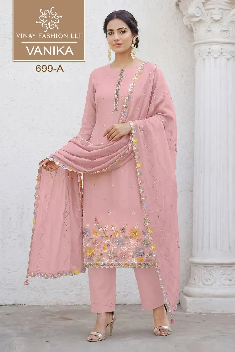 Vinay Kuleesh Vanika Mul Chanderi Embroidered Salwar Suit — Wholesale Salwar Suits, Vinay wholesale from Surat — view 1