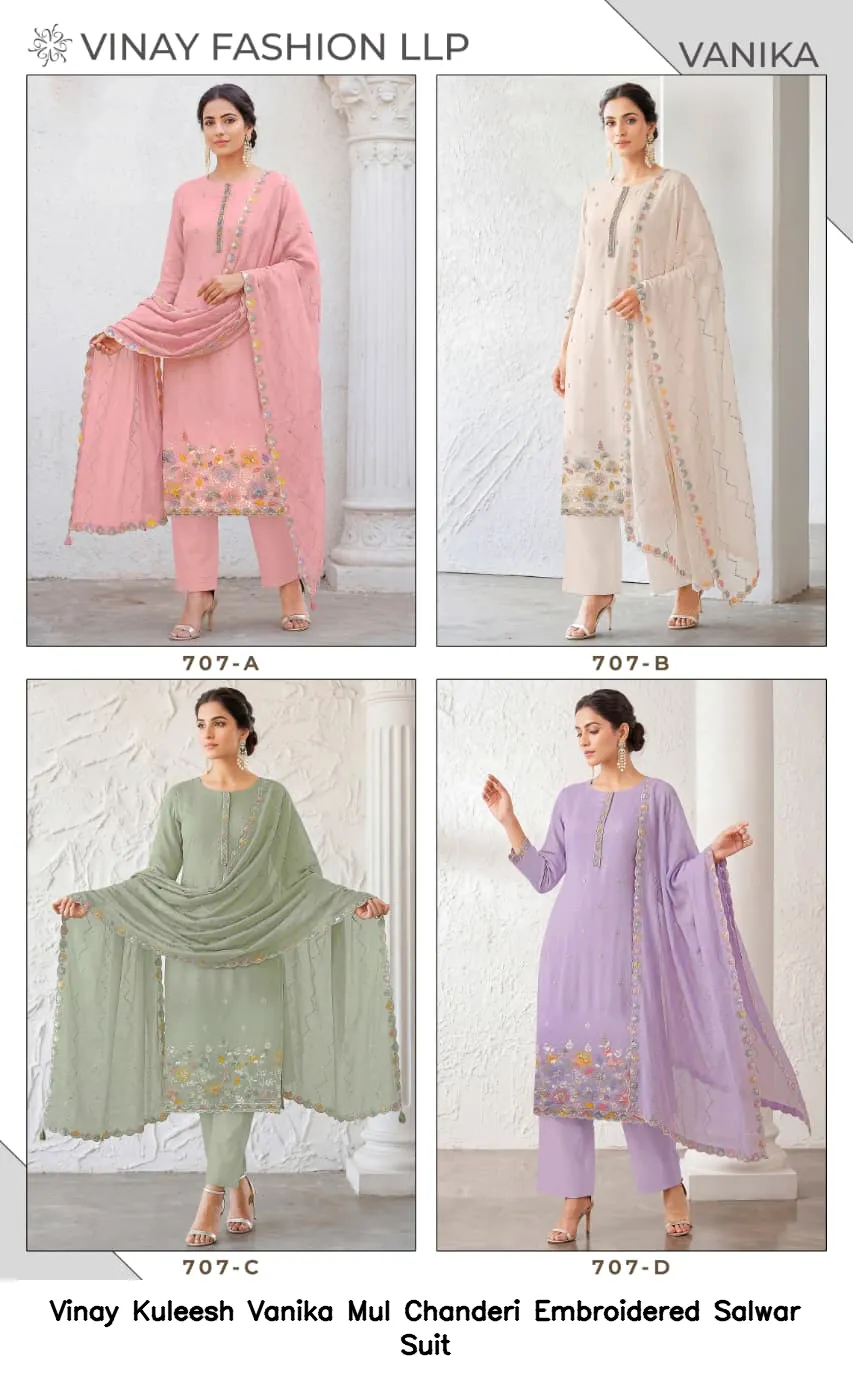 Vinay Kuleesh Vanika Mul Chanderi Embroidered Salwar Suit — Wholesale Salwar Suits, Vinay wholesale from Surat — view 2