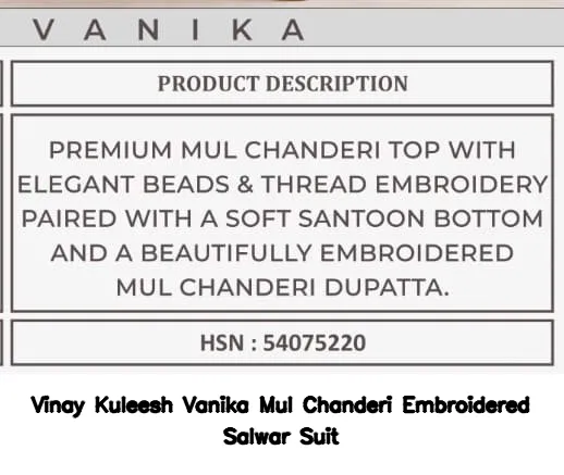 Vinay Kuleesh Vanika Mul Chanderi Embroidered Salwar Suit — Wholesale Salwar Suits, Vinay wholesale from Surat — view 3
