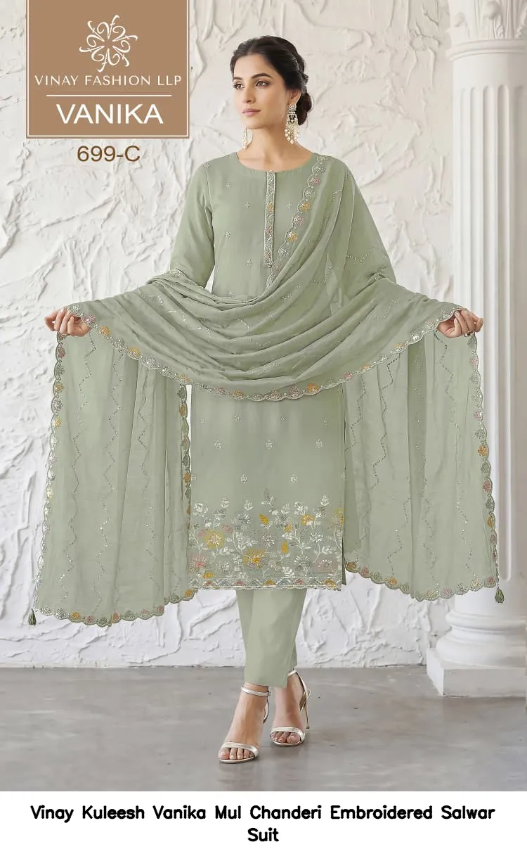 Vinay Kuleesh Vanika Mul Chanderi Embroidered Salwar Suit — Wholesale Salwar Suits, Vinay wholesale from Surat — view 4
