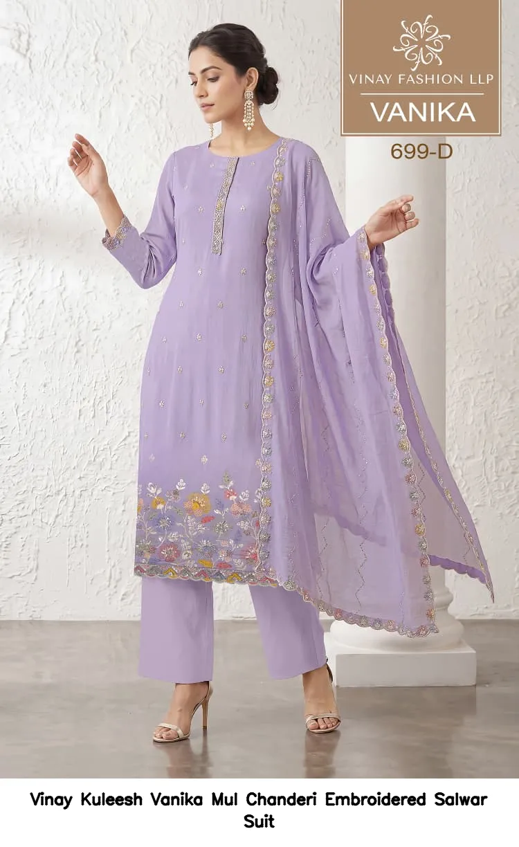 Vinay Kuleesh Vanika Mul Chanderi Embroidered Salwar Suit — Wholesale Salwar Suits, Vinay wholesale from Surat — view 5