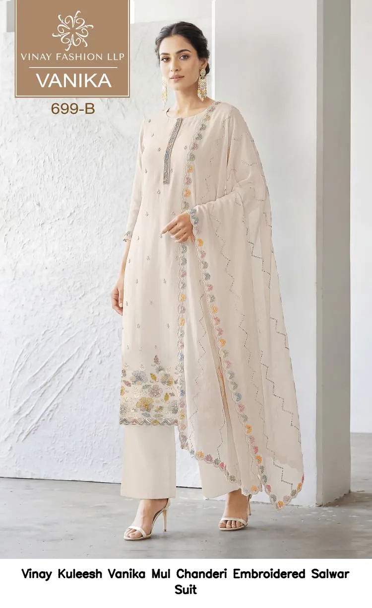 Vinay Kuleesh Vanika Mul Chanderi Embroidered Salwar Suit — Wholesale Salwar Suits, Vinay wholesale from Surat — view 6