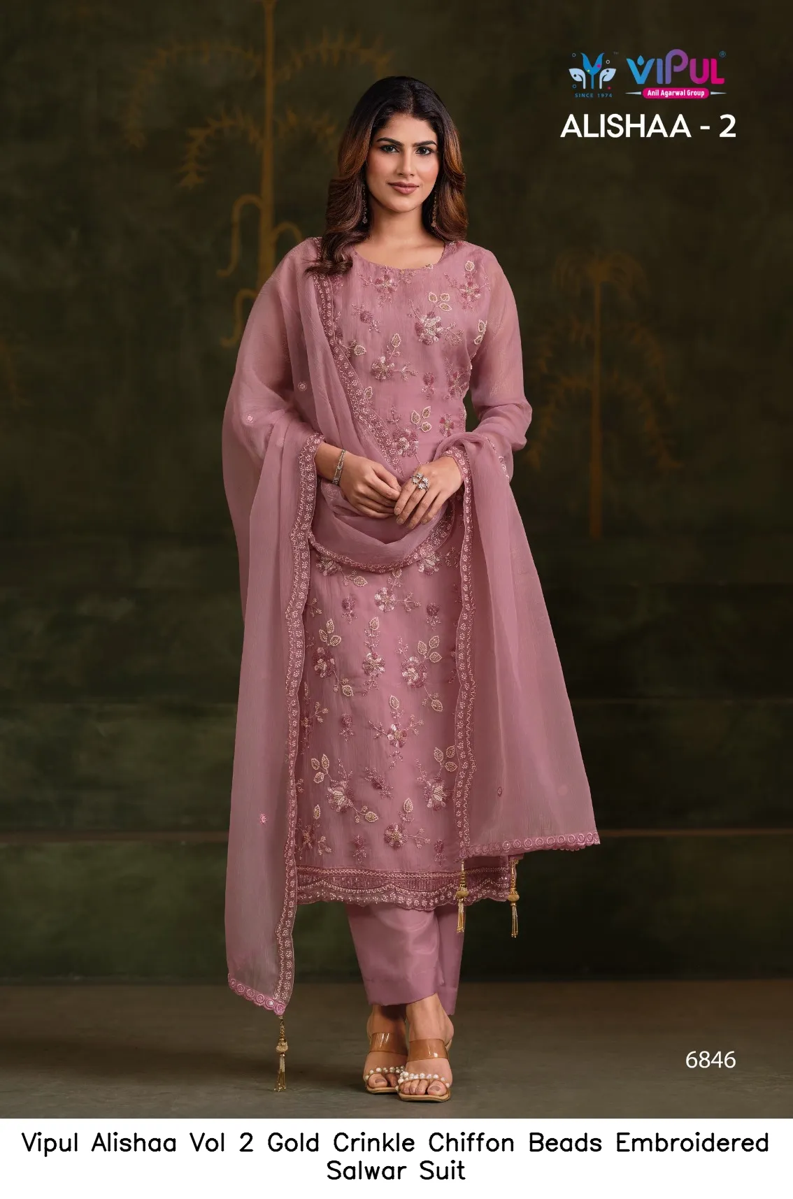 Vipul Alishaa Vol 2 Gold Crinkle Chiffon Beads Embroidered Salwar Suit — Wholesale Pakistani Suits, Vipul wholesale from Surat — Photo 2