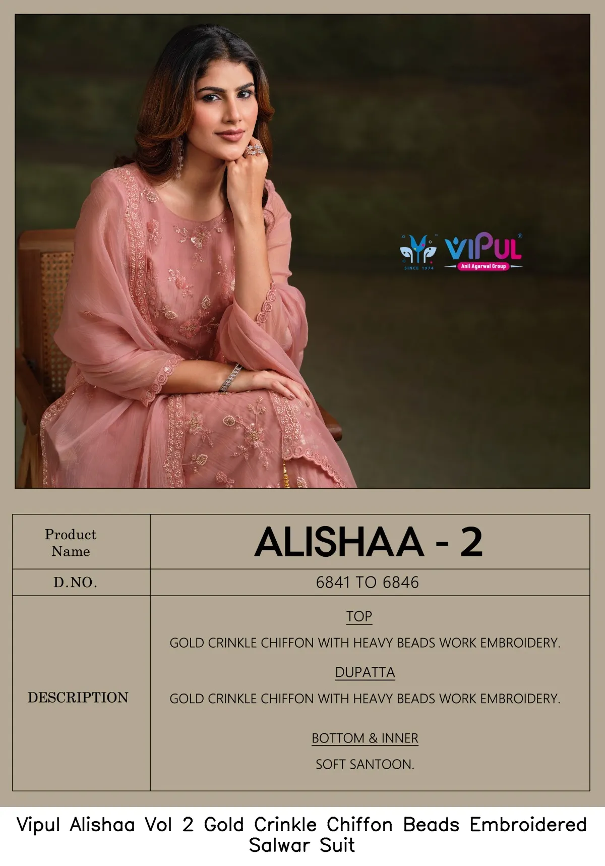 Vipul Alishaa Vol 2 Gold Crinkle Chiffon Beads Embroidered Salwar Suit — Wholesale Pakistani Suits, Vipul wholesale from Surat — Photo 3