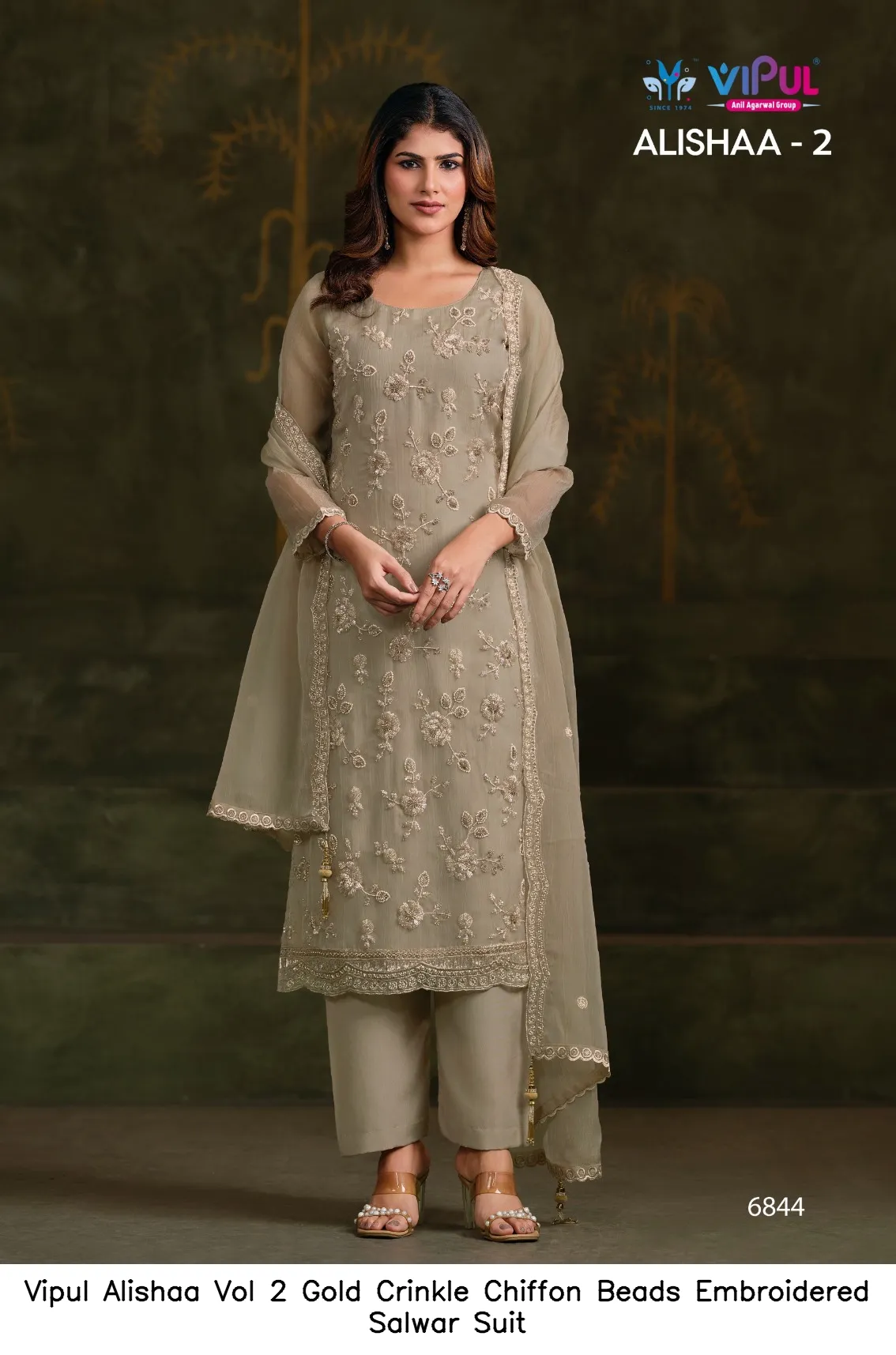 Vipul Alishaa Vol 2 Gold Crinkle Chiffon Beads Embroidered Salwar Suit — Wholesale Pakistani Suits, Vipul wholesale from Surat — Photo 4
