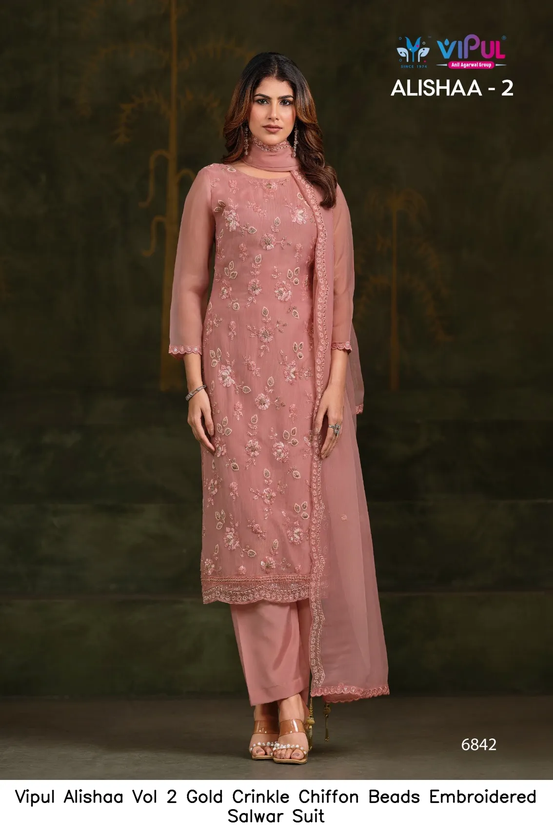 Vipul Alishaa Vol 2 Gold Crinkle Chiffon Beads Embroidered Salwar Suit — Wholesale Pakistani Suits, Vipul wholesale from Surat — Photo 5
