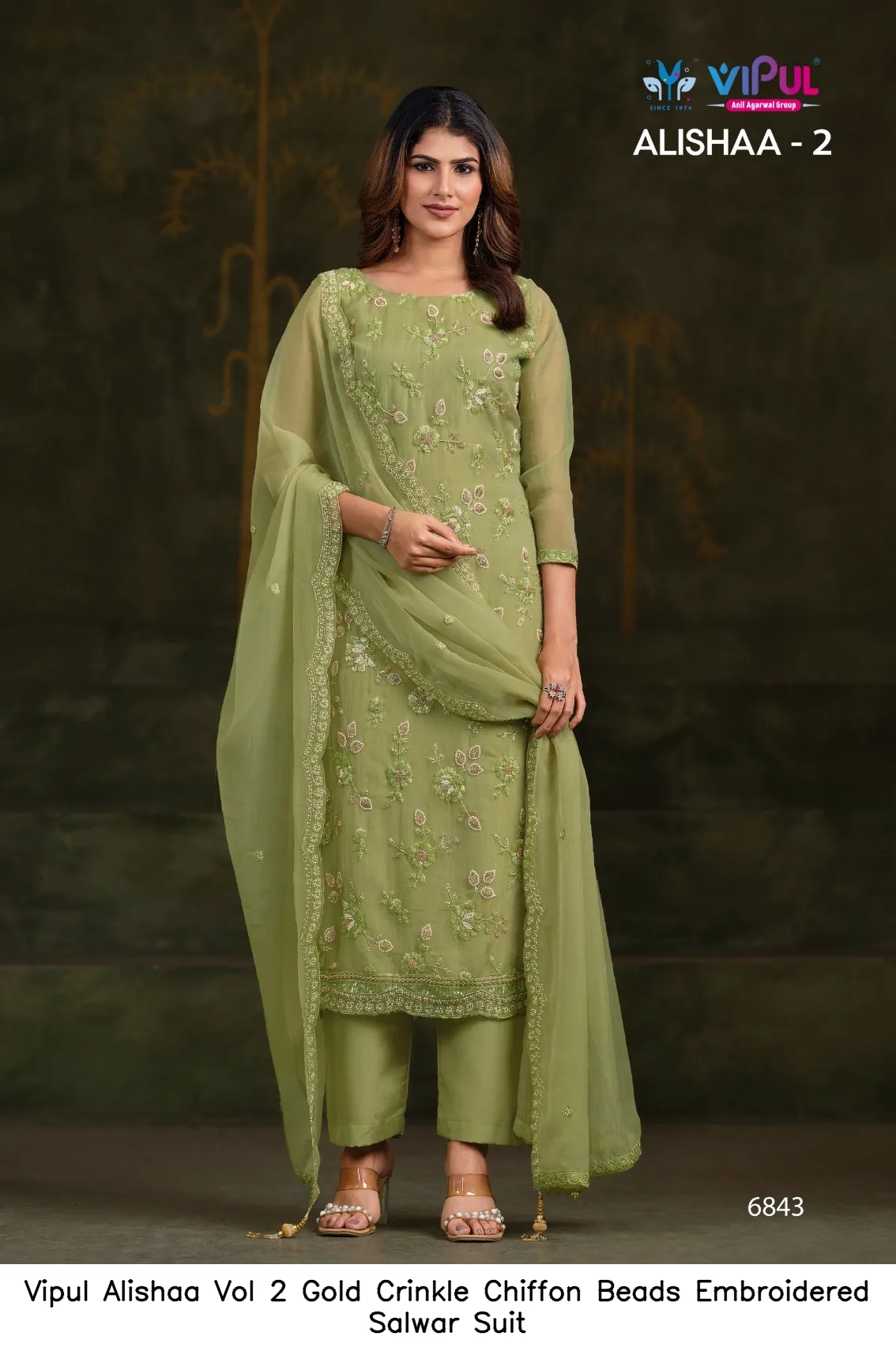 Vipul Alishaa Vol 2 Gold Crinkle Chiffon Beads Embroidered Salwar Suit — Wholesale Pakistani Suits, Vipul wholesale from Surat — Photo 6