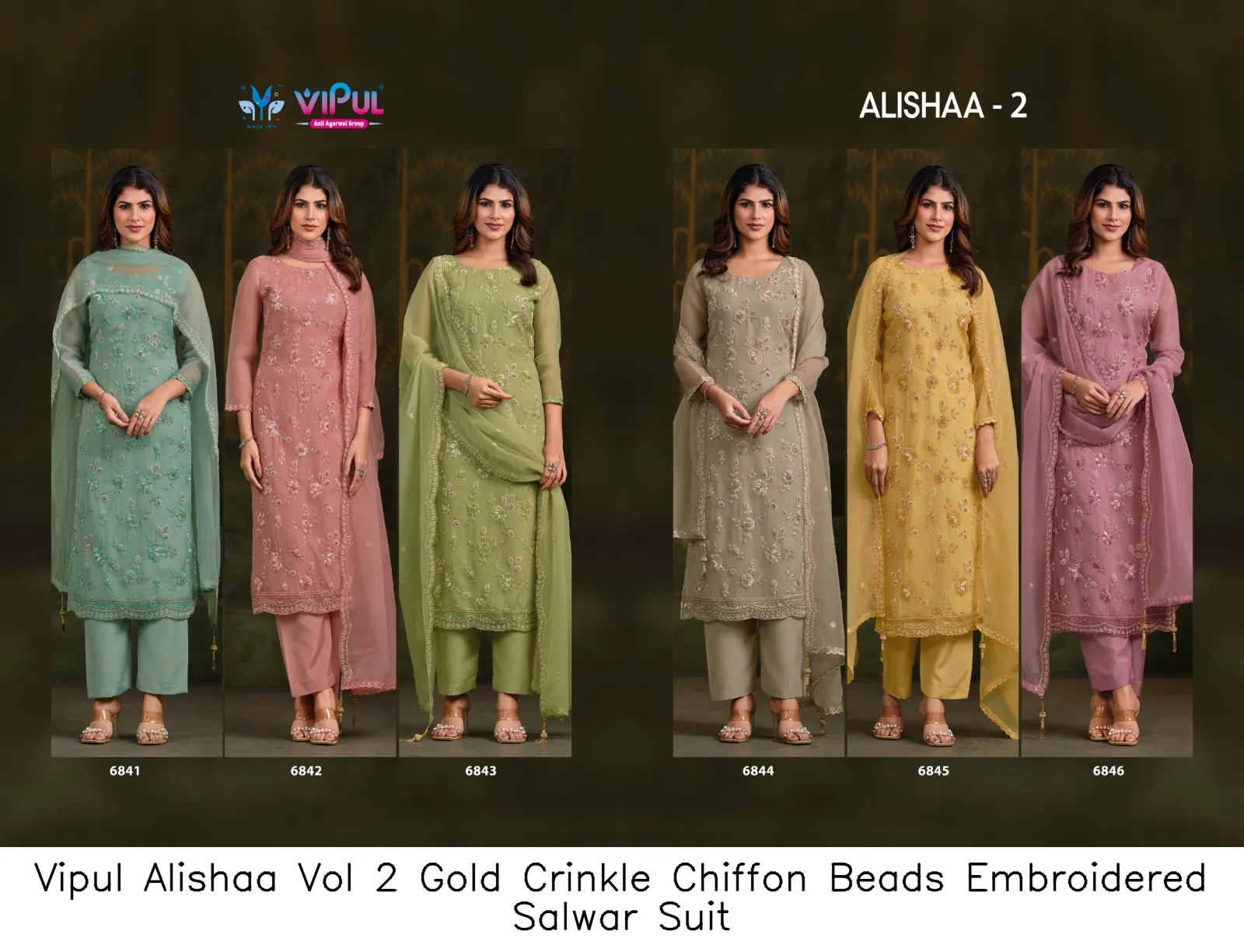 Vipul Alishaa Vol 2 Gold Crinkle Chiffon Beads Embroidered Salwar Suit — Wholesale Pakistani Suits, Vipul wholesale from Surat — Photo 7