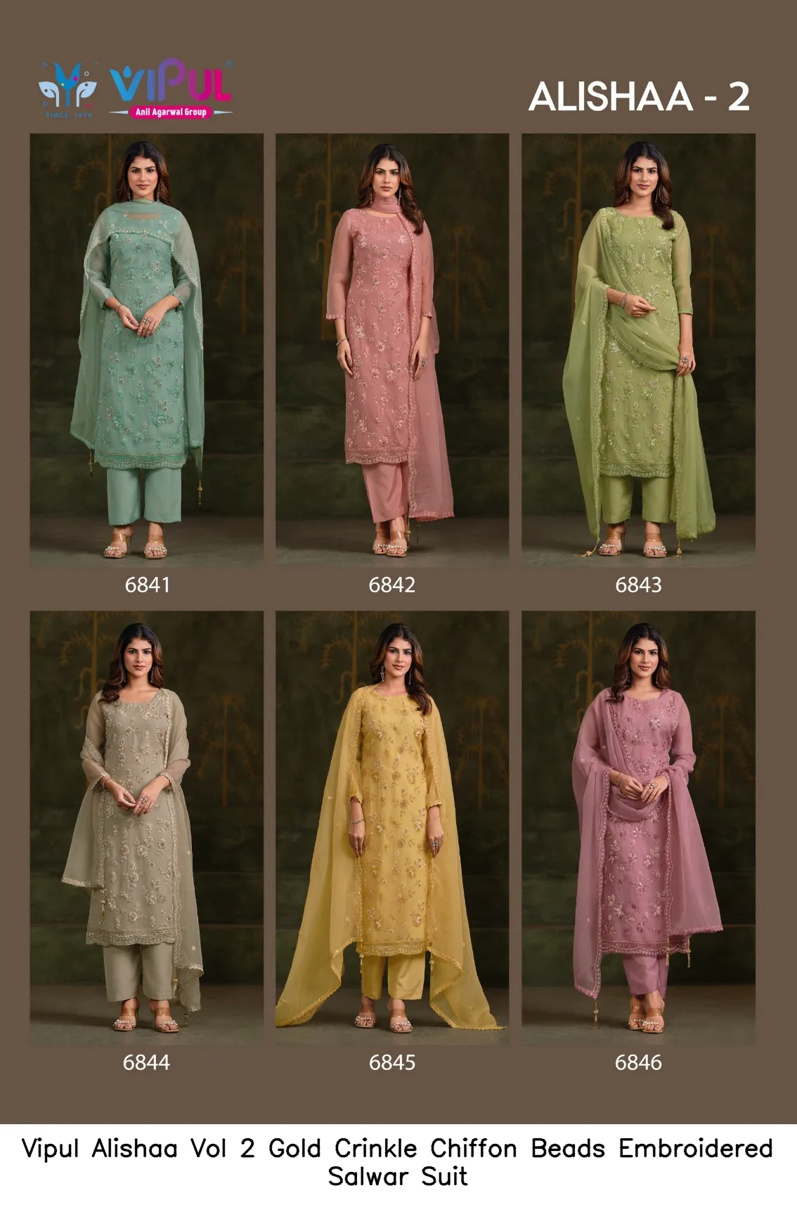 Vipul Alishaa Vol 2 Gold Crinkle Chiffon Beads Embroidered Salwar Suit — Wholesale Pakistani Suits, Vipul wholesale from Surat — Photo 8