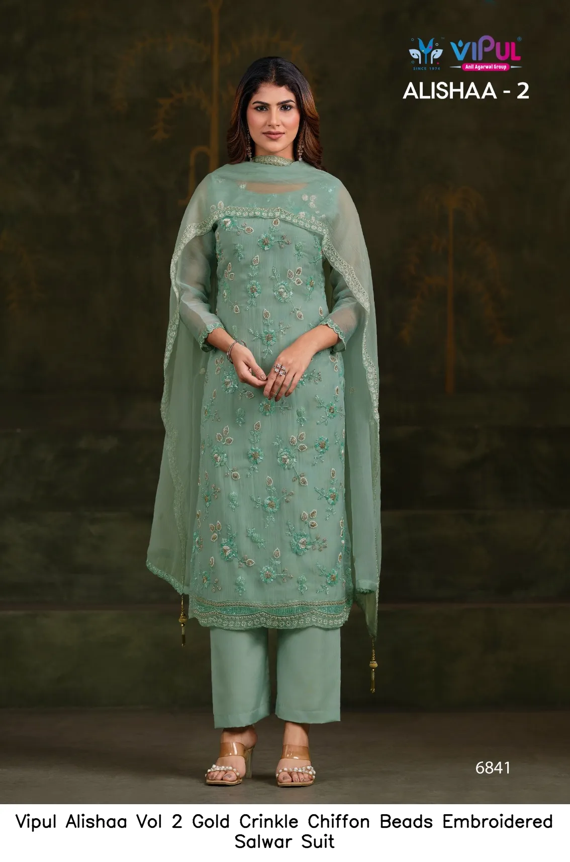 Vipul Alishaa Vol 2 Gold Crinkle Chiffon Beads Embroidered Salwar Suit — Wholesale Pakistani Suits, Vipul wholesale from Surat — Photo 9