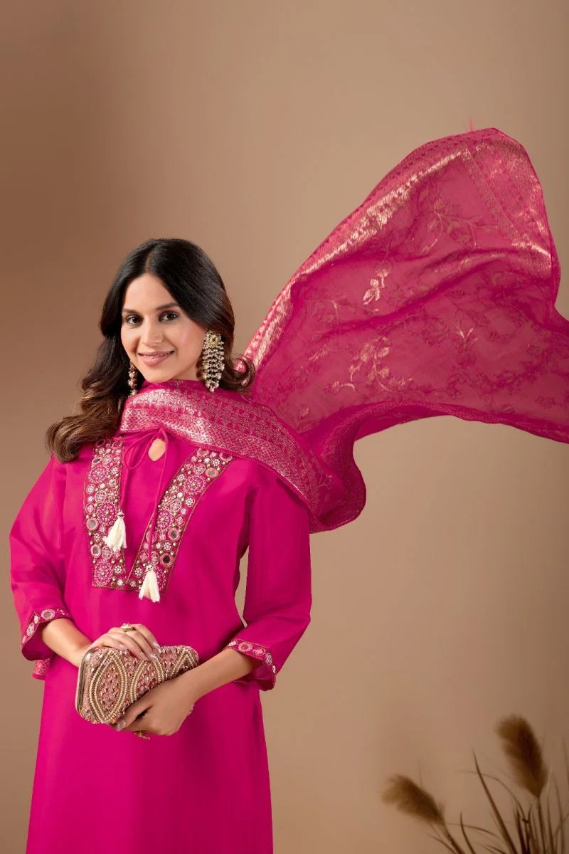 Md 109 Mul Chanderi Embroidered Kurti With Bottom Dupatta Set — Wholesale Salwar Suits, Vardan Ethnic wholesale from Surat — view 12