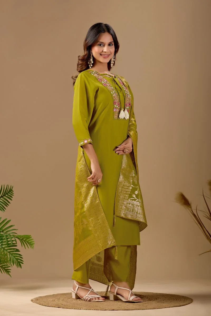 Md 109 Mul Chanderi Embroidered Kurti With Bottom Dupatta Set — Wholesale Salwar Suits, Vardan Ethnic wholesale from Surat — view 4