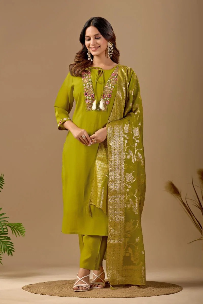 Md 109 Mul Chanderi Embroidered Kurti With Bottom Dupatta Set — Wholesale Salwar Suits, Vardan Ethnic wholesale from Surat — view 3