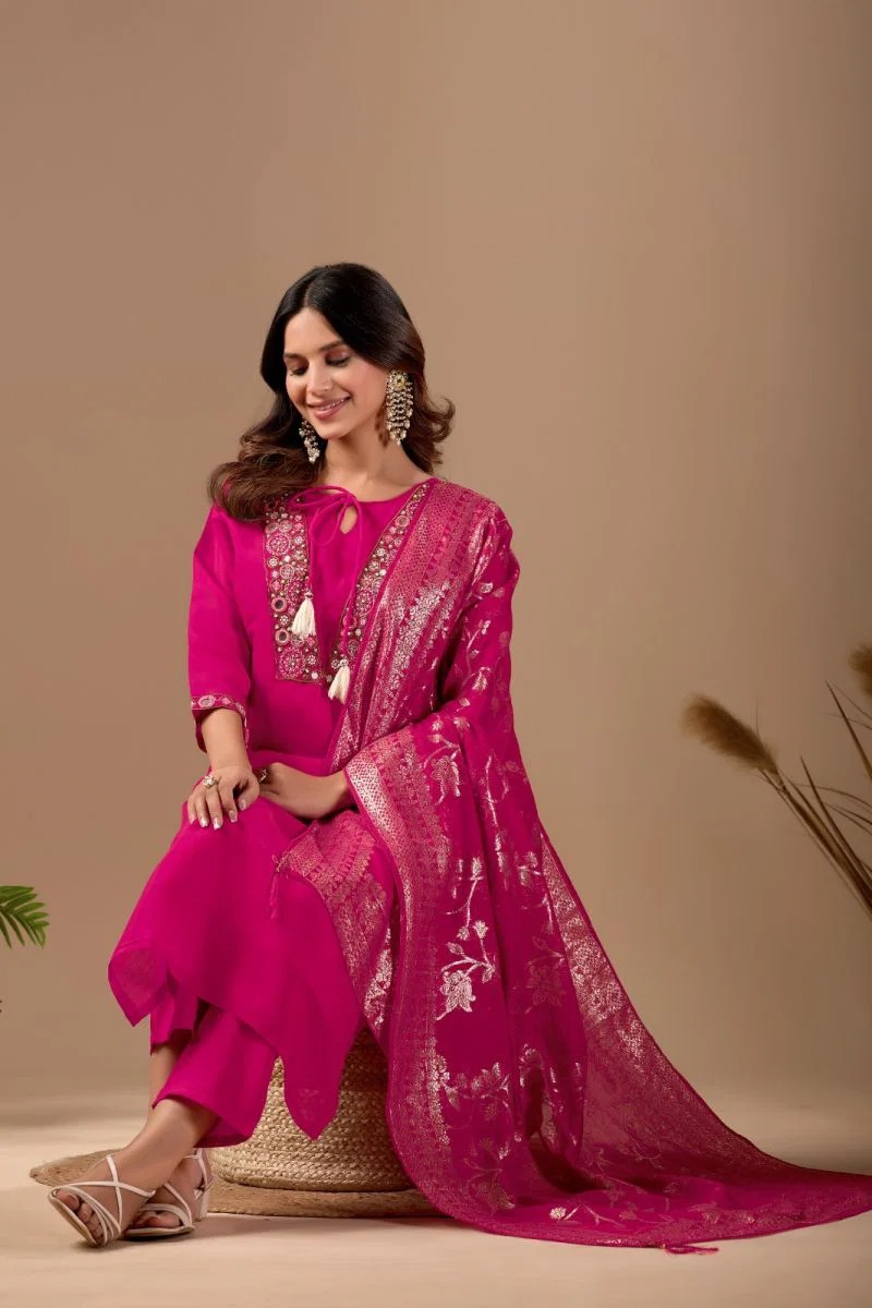 Md 109 Mul Chanderi Embroidered Kurti With Bottom Dupatta Set — Wholesale Salwar Suits, Vardan Ethnic wholesale from Surat — view 13