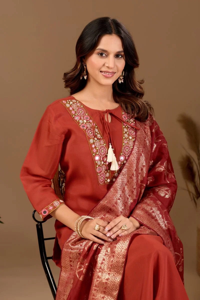 Md 109 Mul Chanderi Embroidered Kurti With Bottom Dupatta Set — Wholesale Salwar Suits, Vardan Ethnic wholesale from Surat — view 9