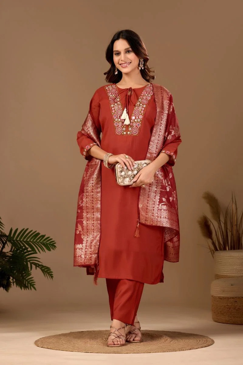 Md 109 Mul Chanderi Embroidered Kurti With Bottom Dupatta Set — Wholesale Salwar Suits, Vardan Ethnic wholesale from Surat — view 8