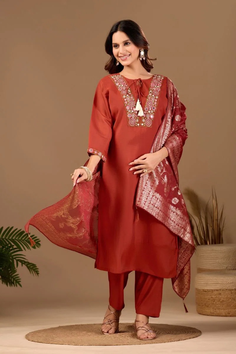 Md 109 Mul Chanderi Embroidered Kurti With Bottom Dupatta Set — Wholesale Salwar Suits, Vardan Ethnic wholesale from Surat — view 7
