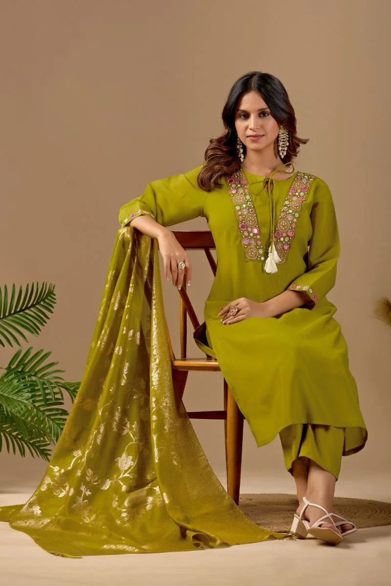 Md 109 Mul Chanderi Embroidered Kurti With Bottom Dupatta Set — Wholesale Salwar Suits, Vardan Ethnic wholesale from Surat — view 6