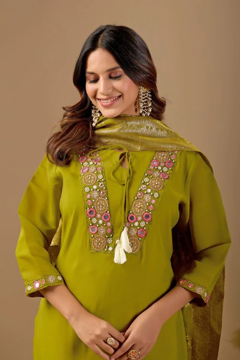 Md 109 Mul Chanderi Embroidered Kurti With Bottom Dupatta Set — Wholesale Salwar Suits, Vardan Ethnic wholesale from Surat — view 5