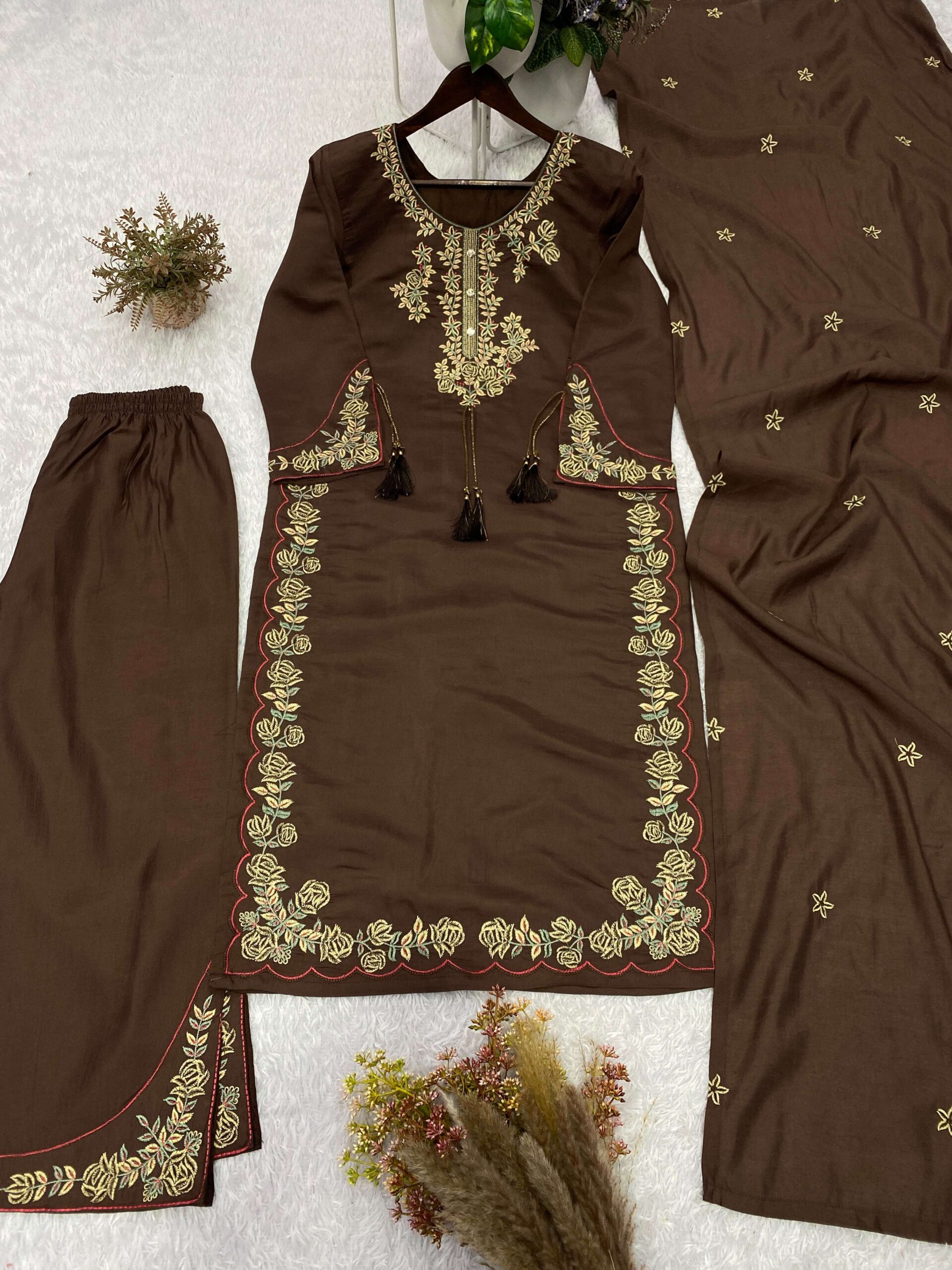 BE 473 Roman Silk Designer Top Palazzo Suit with Dupatta Set — Wholesale Readymade Suit, Vardan Ethnic wholesale from Surat — view 3