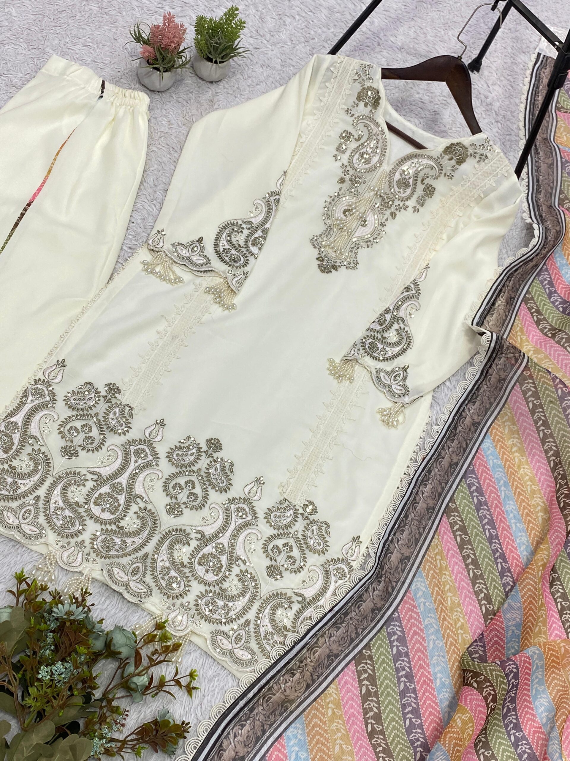LG-2103 Star Georgette Sequence Embroidered Palazzo Suit Set — Wholesale Kurti With Bottom Dupatta, Vardan Ethnic wholesale from Surat — view 6