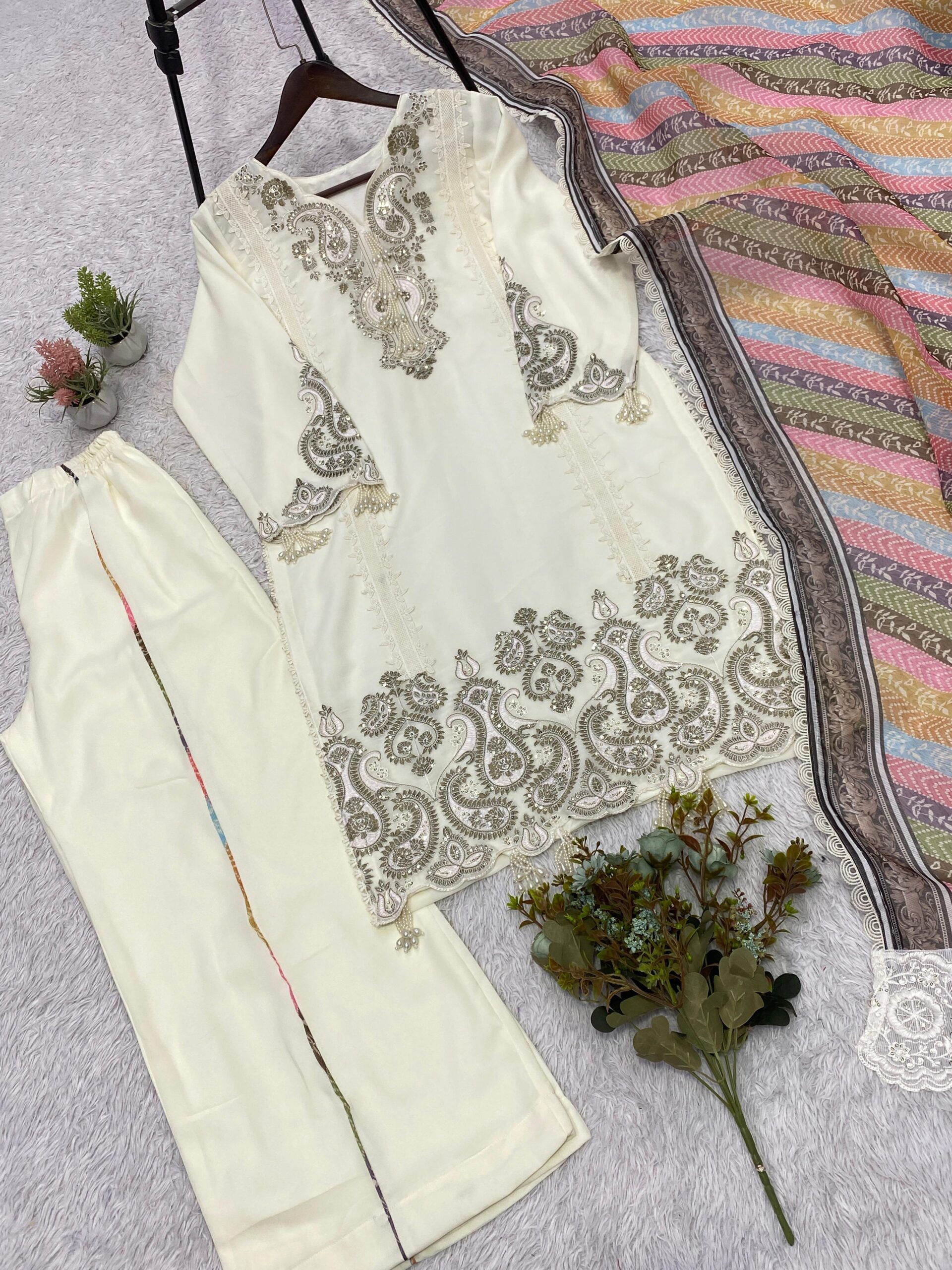 LG-2103 Star Georgette Sequence Embroidered Palazzo Suit Set — Wholesale Kurti With Bottom Dupatta, Vardan Ethnic wholesale from Surat — view 5