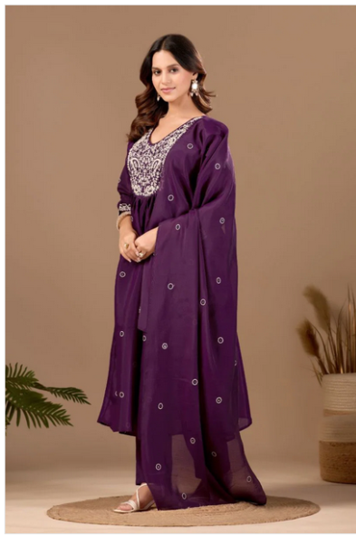 Md 108 Mul Chanderi Embroidered Premium Kurti Set
