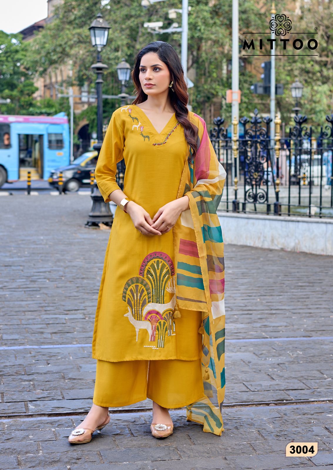 Mittoo Vanshika Roman Silk Thread Worked Kurti With Bottom Dupatta Set