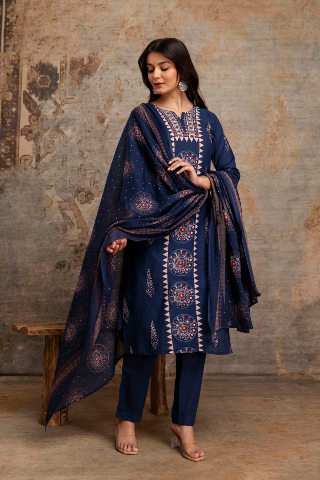Naisha K 1025 Cotton Ajrakh Panel Printed Kurti With Bottom Dupatta Set