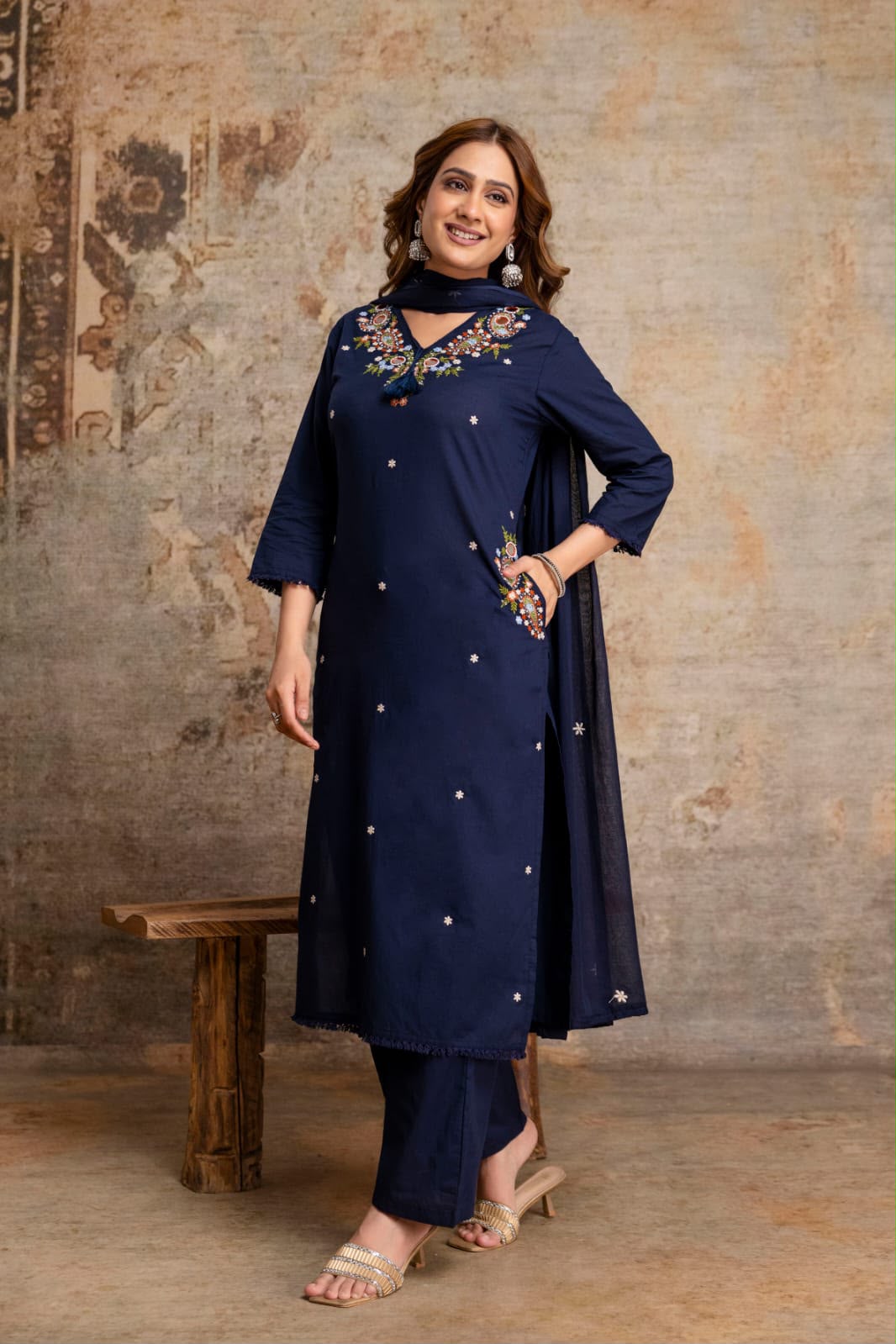 Naisha K 1049 Cotton Embroidered Kurti With Bottom Dupatta Set — Wholesale Readymade Suit, Naisha wholesale from Surat — view 2