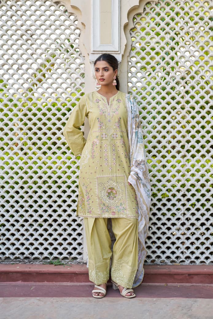 Naisha K 1050 Cotton Embroidered Kurti With Bottom Dupatta Set