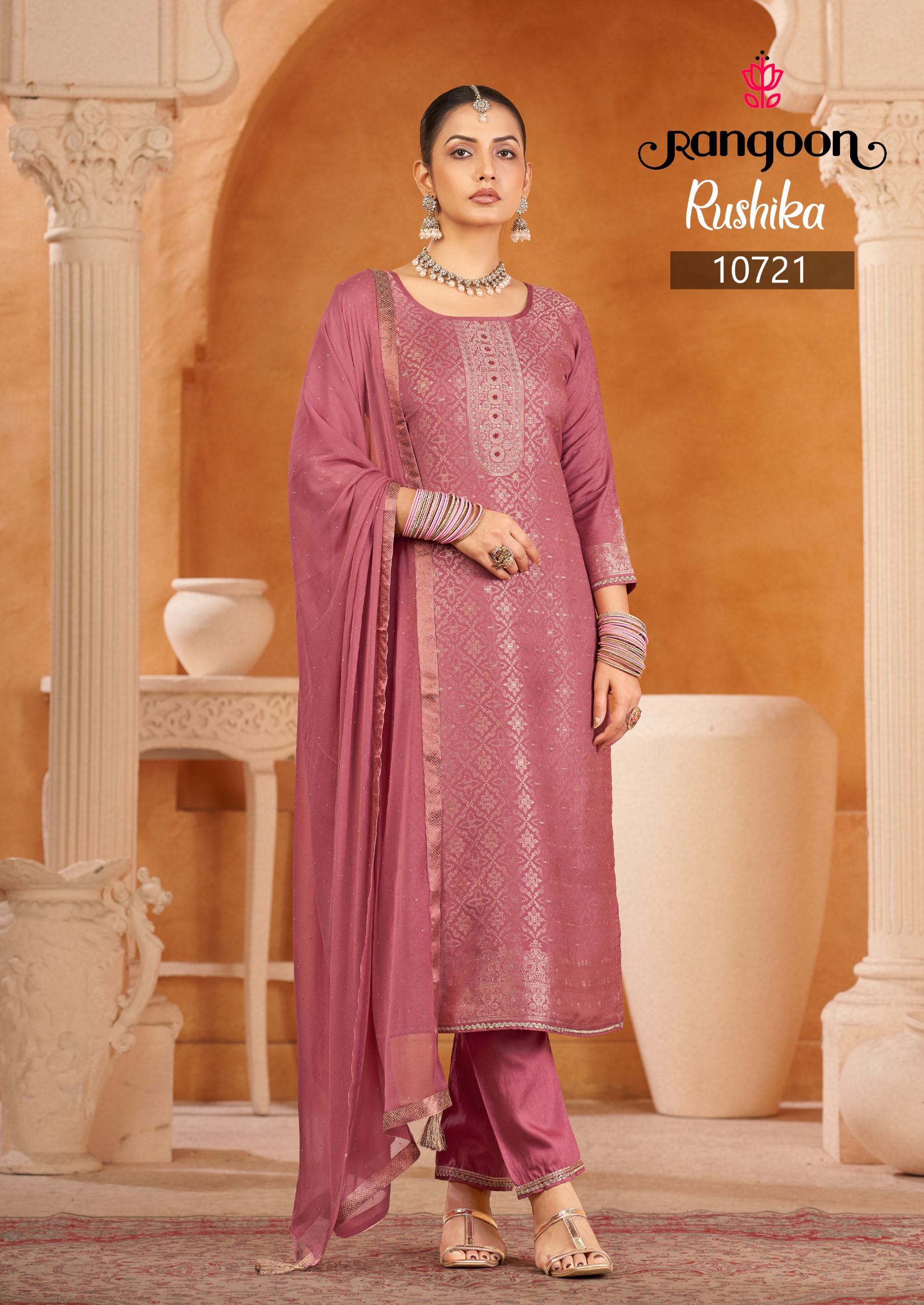 Rangoon Rushika Viscose Maslin Jacquard Worked Readymade Suit — Wholesale Readymade Suit, Rangoon wholesale from Surat — view 2